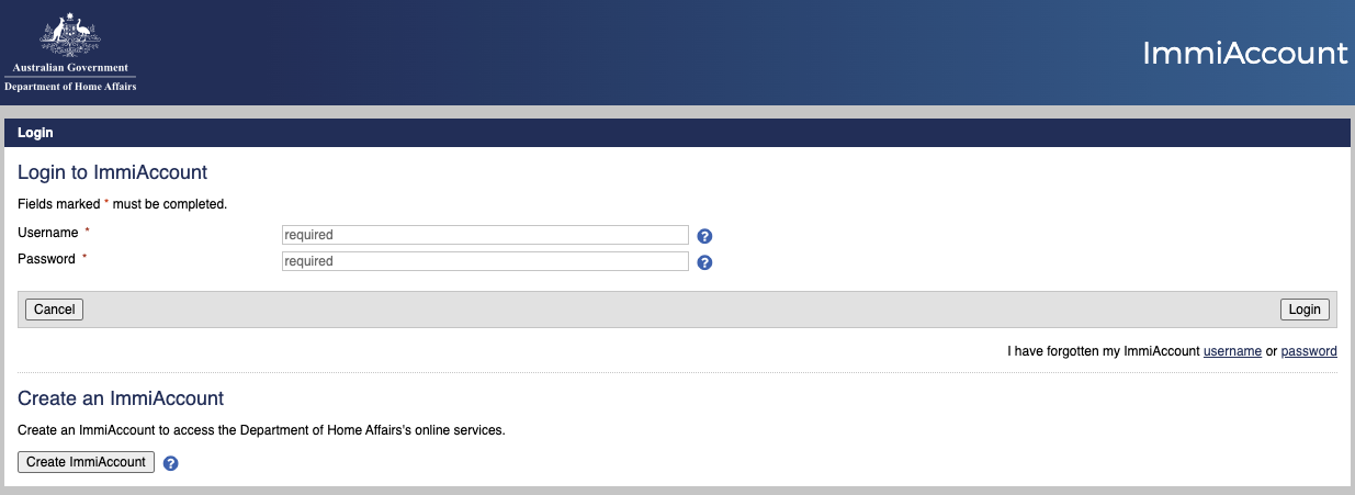 immigration account portal login interface